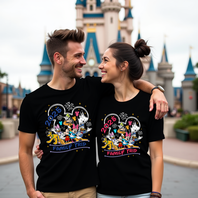 Adult wearing Castle Crew Disney-inspired t-shirt in black, featuring castle graphic and playful text