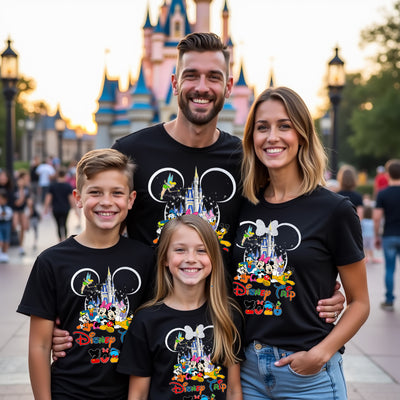 Family of four wearing Disney-themed shirts in front of a castle.