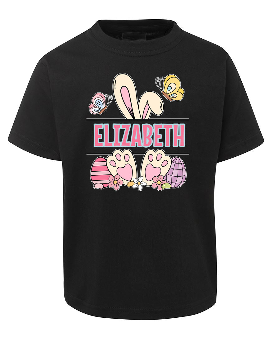 Black t-shirt with Easter-themed design and name 'Elizabeth' on a white background