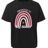 Black t-shirt with pink rainbow and heart design, text 'Promoted to Big Sister' on a white background