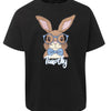 Black t-shirt with a rabbit graphic and 'Timothy' text on a white background