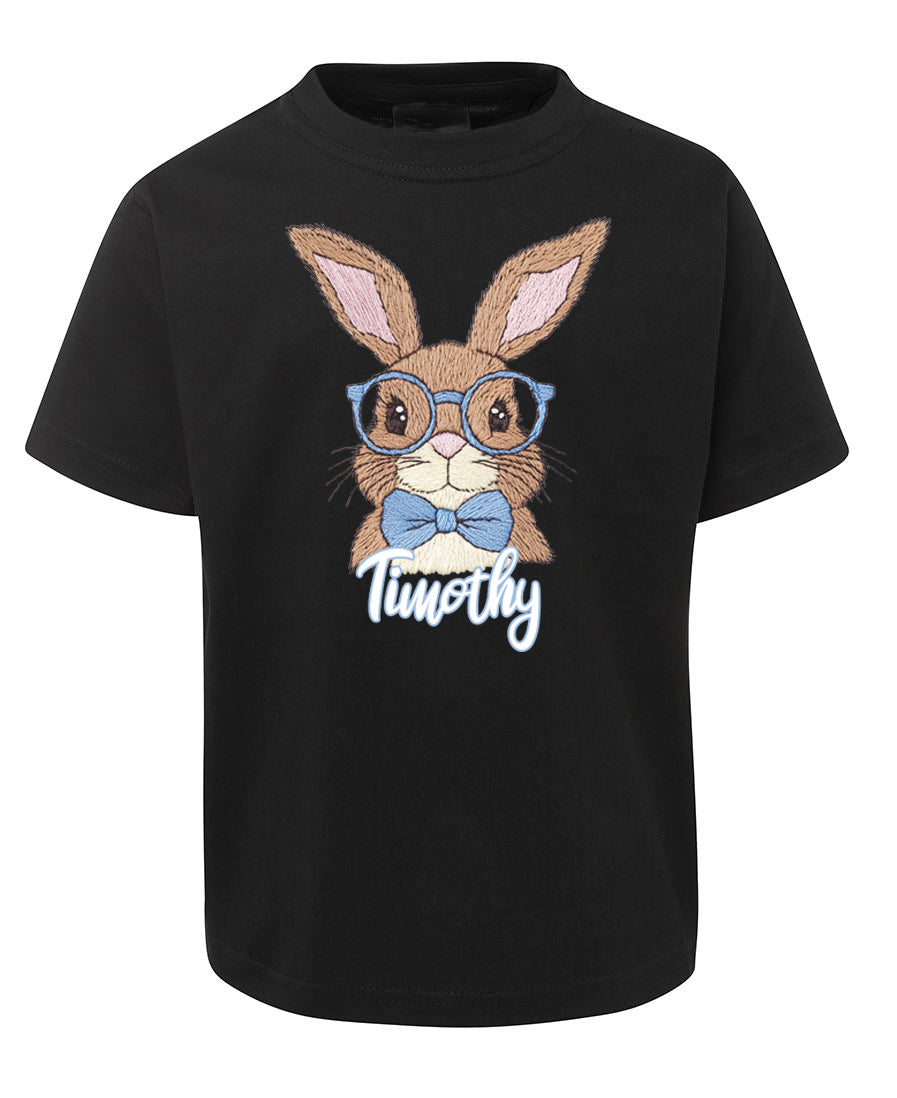 Black t-shirt with a rabbit graphic and 'Timothy' text on a white background