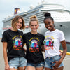 Three friends wearing matching t-shirts with a cruise ship in the background
