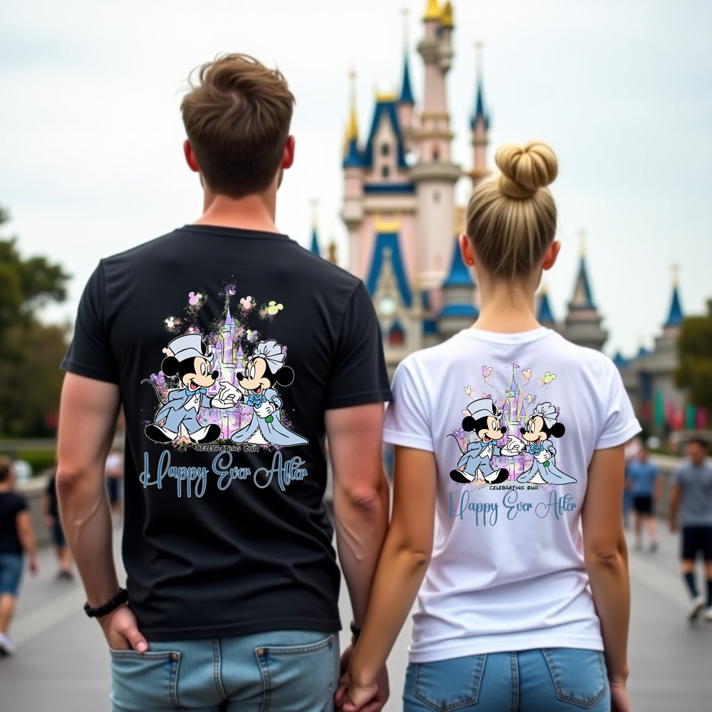 Two people wearing matching shirts with a castle and cartoon characters in front of a Disney castle.