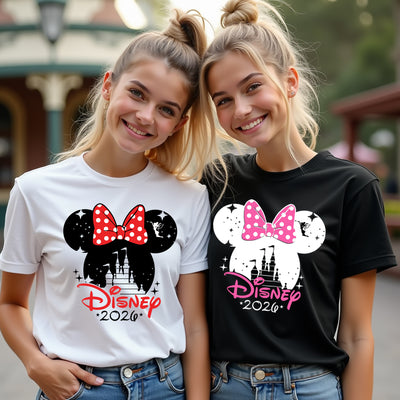 Two people wearing Disney-themed t-shirts with Mickey Mouse designs.
