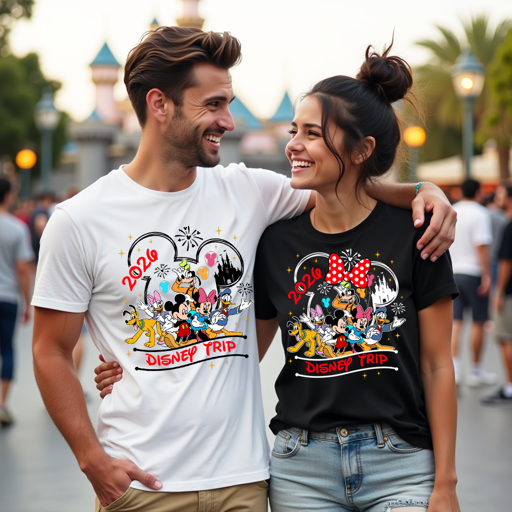 Two people wearing Disney-themed t-shirts with 2026 Disney Trip design at a theme park.