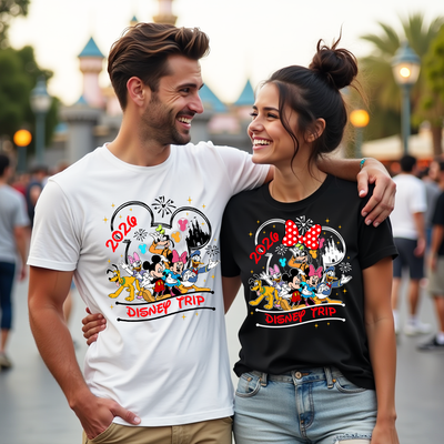 Two people wearing Disney-themed t-shirts with 2026 Disney Trip design at a theme park.