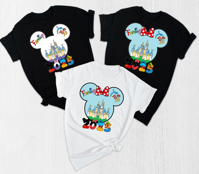 Adult wearing Magical Family Trip Disney-themed t-shirt, styled for a vacation day.