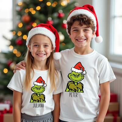Family wearing matching Grinch Cheer Tshirts at Christmas party