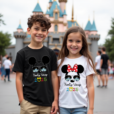 Front view of Castle Reflections T-shirt with Mickey & Minnie wearing sunglasses showing castle reflection