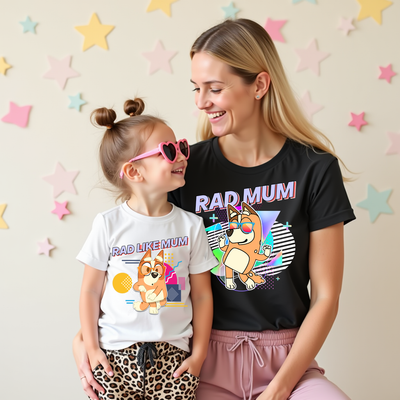 Rad Mum & Matching Family Bluey inspired T-shirt front view