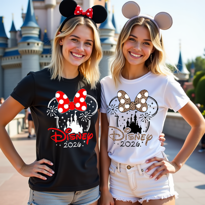 Two women wearing Disney-themed shirts with castle and bow designs in front of a castle.