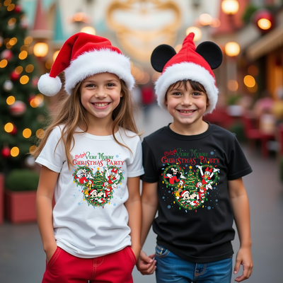 Two children wearing Christmas-themed shirts and Santa hats in a festive outdoor setting.