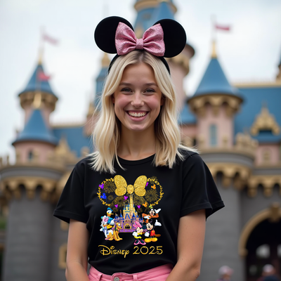  Close-up of gold glitter Mickey ears and castle – Disney trip or birthday tee