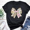 Black Labubu bow tee with colorful kawaii characters