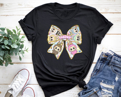 Black Labubu bow tee with colorful kawaii characters