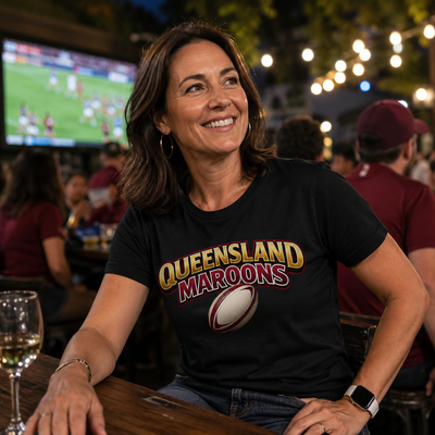 Woman wearing a Queensland Maroons shirt sitting at a table with a sports event on TV in the background.
