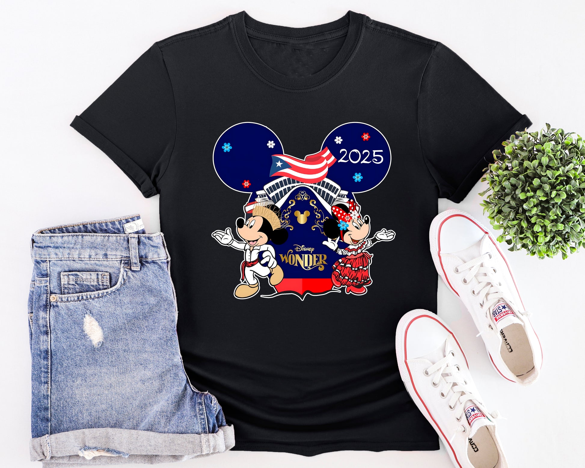 Close-up of All Aboard the Wonder Disney cruise graphic on t-shirt