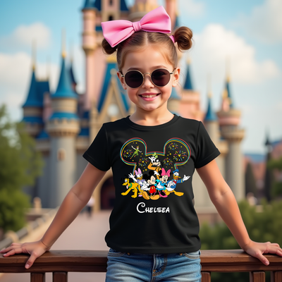 Front view of Fireworks and Friends T-shirt featuring colorful fireworks and Disney characters design