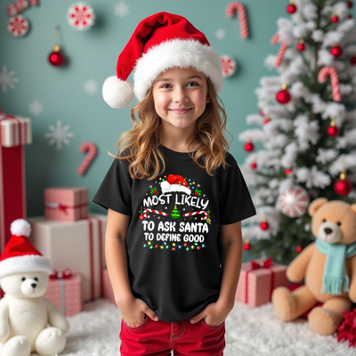 Funny Christmas tshirt with "Most Likely to Ask Santa to Define Good" slogan