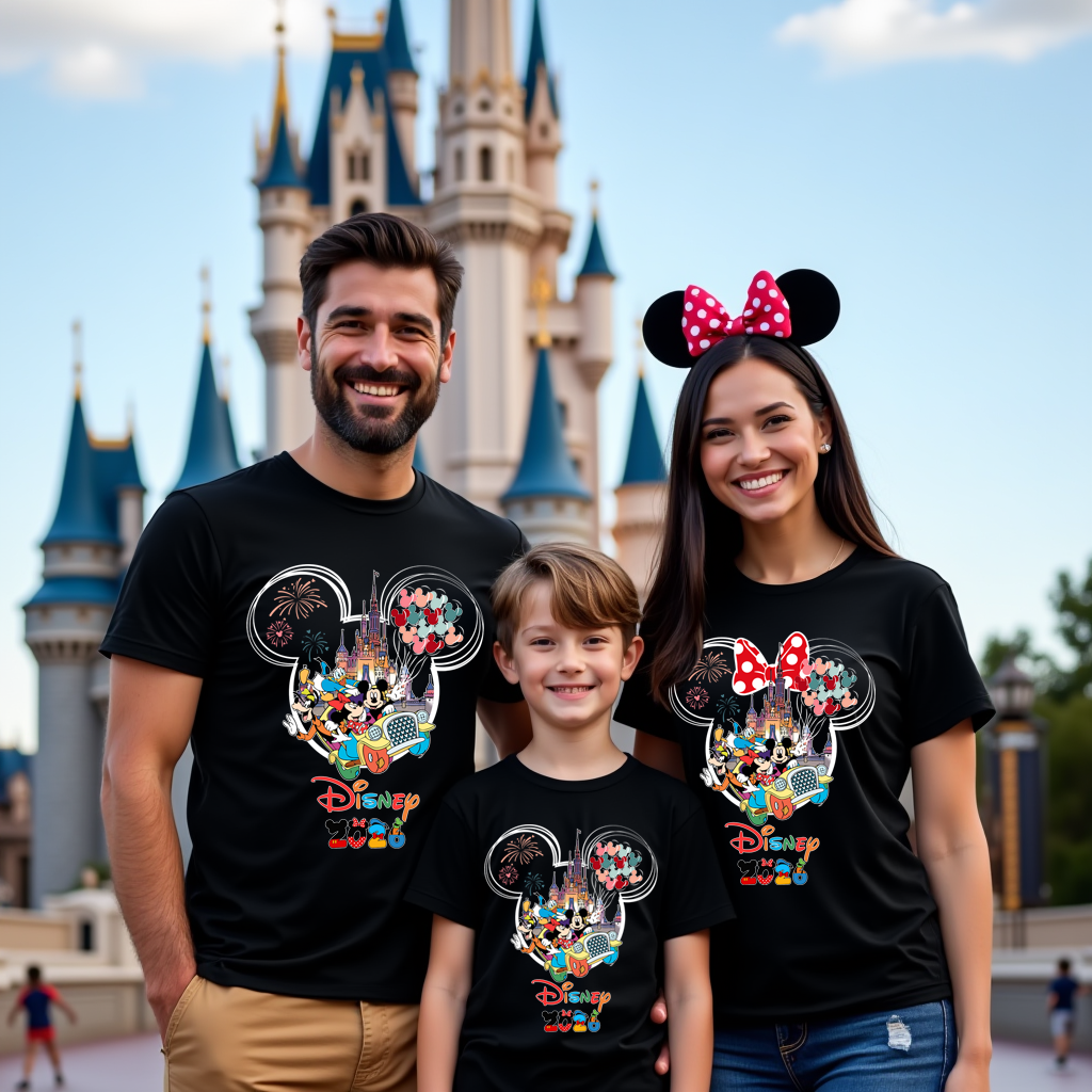 Family of three wearing black t-shirts with colorful Disney designs in front of a castle.