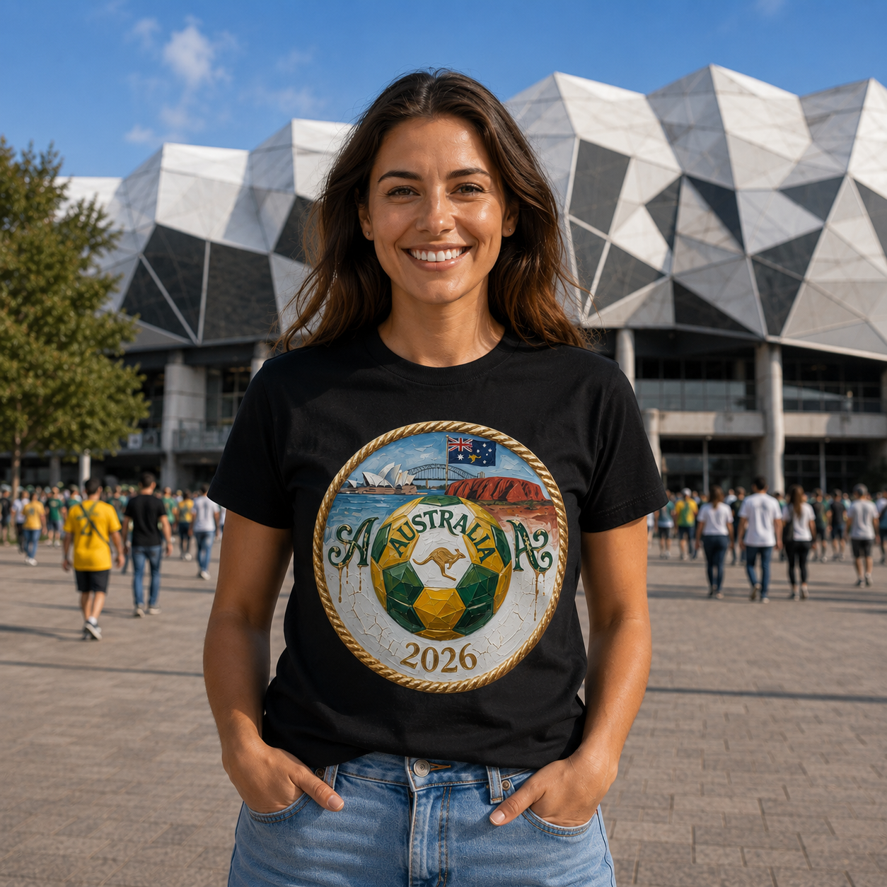 Woman wearing a black t-shirt with a colorful emblem and text, standing in front of a modern building.