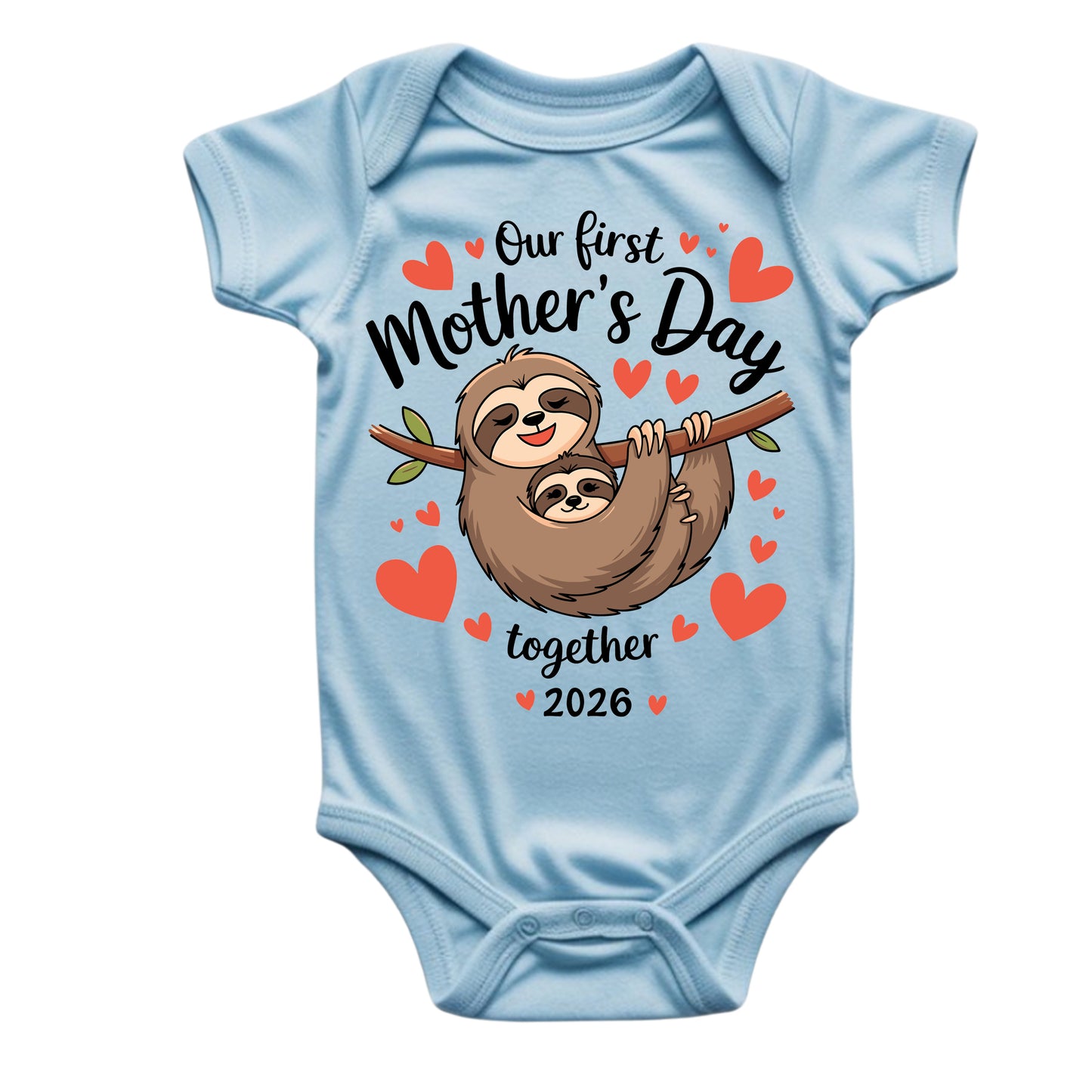 Light blue baby onesie with a sloth graphic and text for Mother's Day on a white background