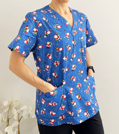 Christmas Unisex Printed Scrubs - Blue Santa