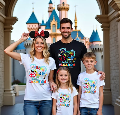 Family of four wearing matching Disney-themed t-shirts in front of a castle.
