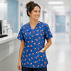 Woman wearing a blue scrub top with a pattern in a hospital setting