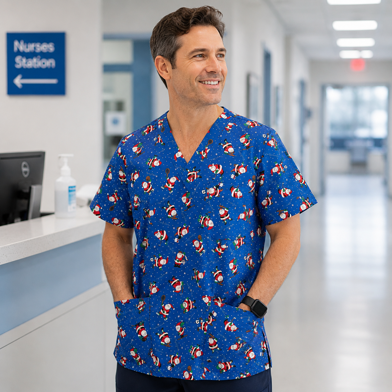 Man wearing a blue scrub top with Santa Claus pattern in a hospital setting