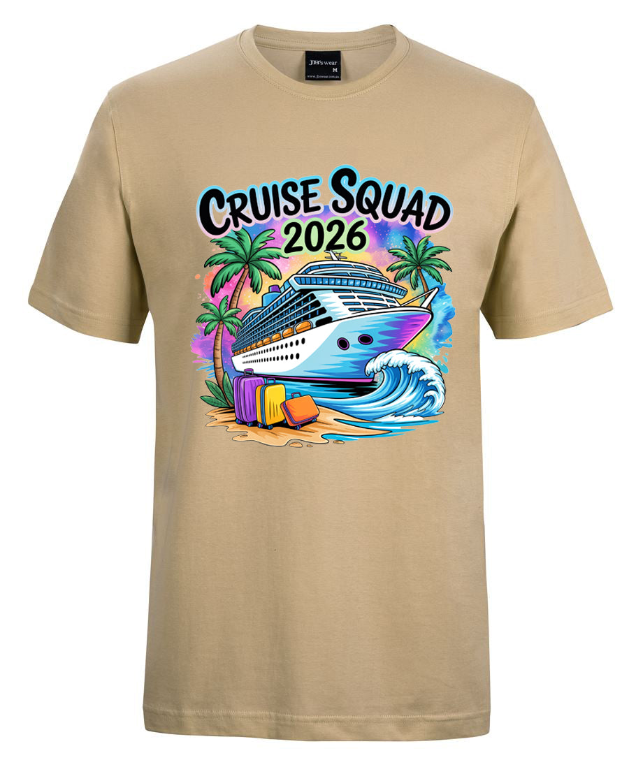 Beige t-shirt with 'Cruise Squad 2026' graphic design featuring a cruise ship, palm trees, and a wave.