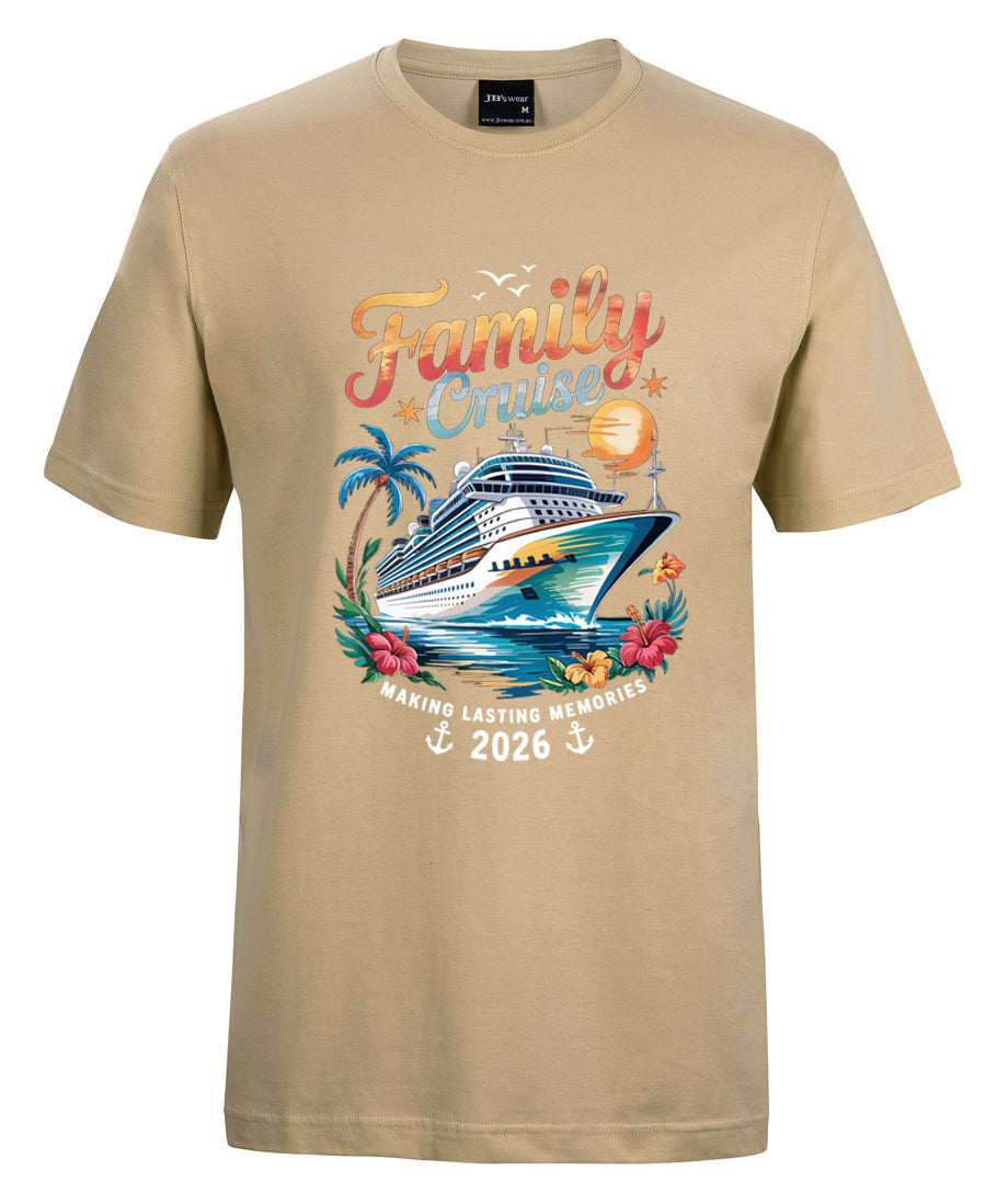 Beige t-shirt with a cruise ship graphic and 'Family Cruise' text on a white background
