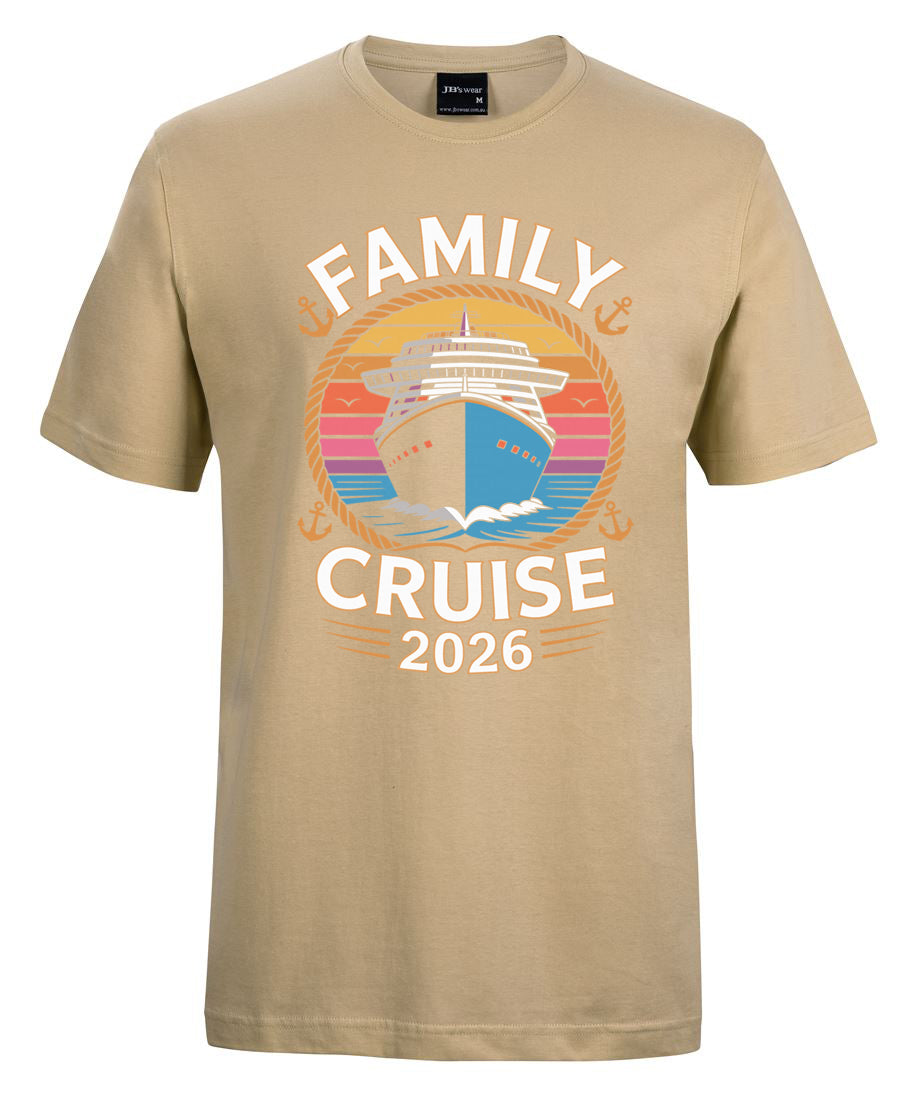 Beige t-shirt with 'Family Cruise 2026' graphic design on a white background