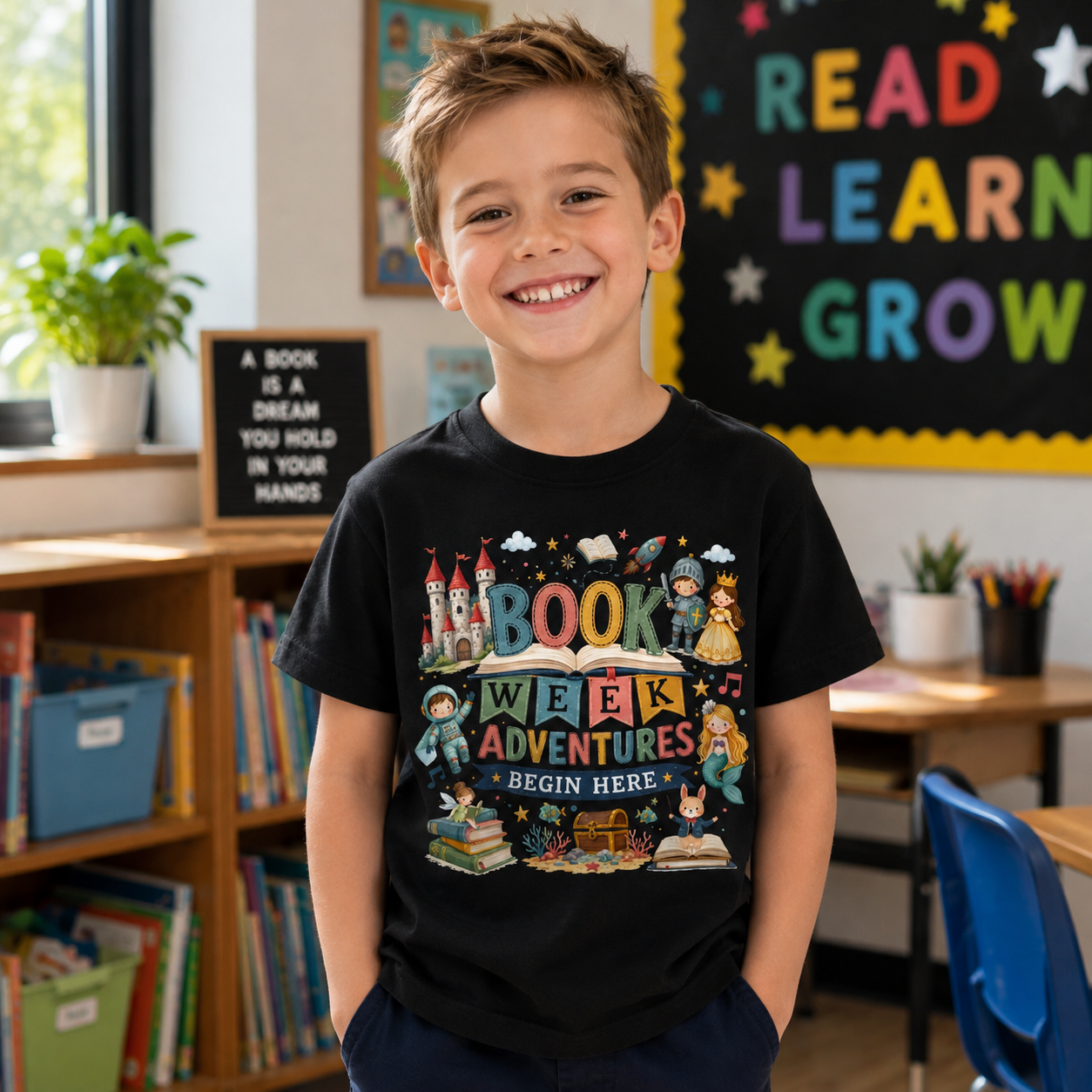 A smiling young boy stands in a classroom wearing a black graphic T-shirt that reads 'BOOK WEEK ADVENTURES BEGIN HERE' with colorful illustrations of books, rockets, planets, and characters. The background shows bookshelves, a colorful 'READ LEARN GROW' wall sign, and a plant.