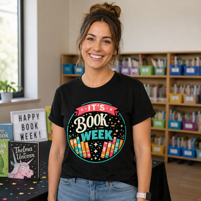 A smiling woman with her hair in a bun stands in a classroom or library setting wearing a black graphic t-shirt that reads 'IT'S BOOK WEEK' inside a colorful circular design. Behind her are bookshelves filled with books and bins.
