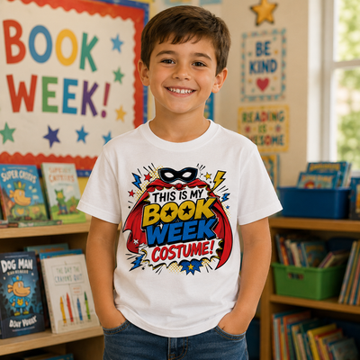 A smiling young boy stands in a classroom wearing a white graphic T-shirt that reads 'THIS IS MY BOOK WEEK COSTUME!' in colorful comic-style lettering with a superhero cape and mask. Book shelves and educational signs are visible in the background.