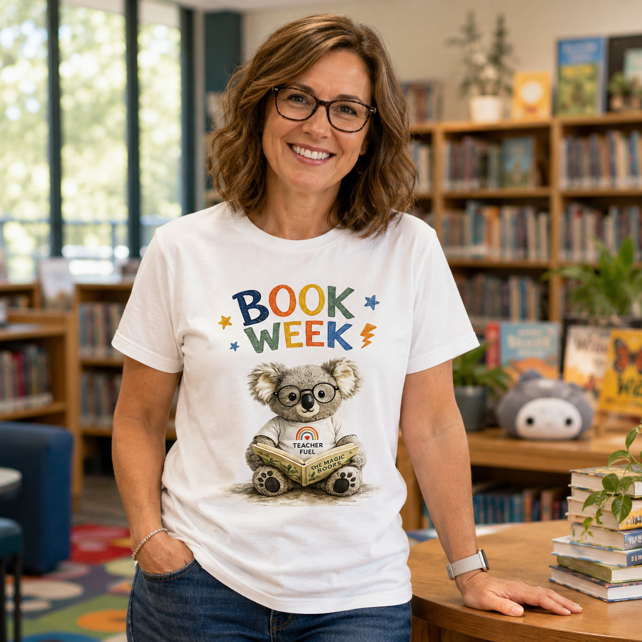 A woman wearing a white graphic T-shirt with a colorful 'BOOK WEEK' design and a cartoon koala reading glasses, standing in a library with bookshelves in the background.