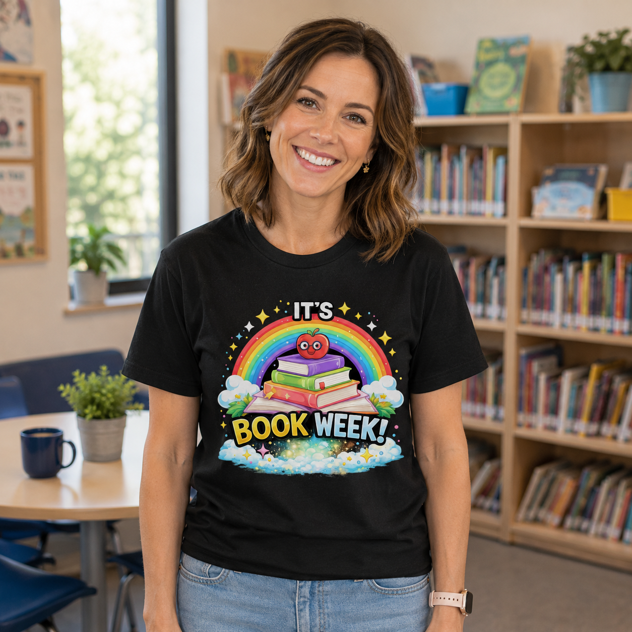A smiling woman stands indoors wearing a black graphic T-shirt with a colorful book-themed design that reads 'IT'S BOOK WEEK!' and shows a rainbow, books, stars, and a cartoon character. The background shows a softly blurred classroom or library setting with bookshelves, a table, and plants.