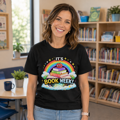 A smiling woman stands indoors wearing a black graphic T-shirt with a colorful book-themed design that reads 'IT'S BOOK WEEK!' and shows a rainbow, books, stars, and a cartoon character. The background shows a softly blurred classroom or library setting with bookshelves, a table, and plants.