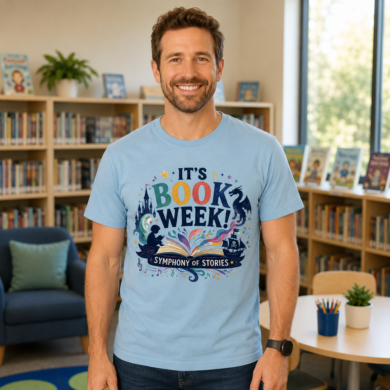 A smiling man stands in a library or bookstore wearing a light blue graphic T-shirt that reads 'IT'S BOOK WEEK! Symphony of Stories' with colorful book and star illustrations. Bookshelves, a chair, and a table are visible in the background.
