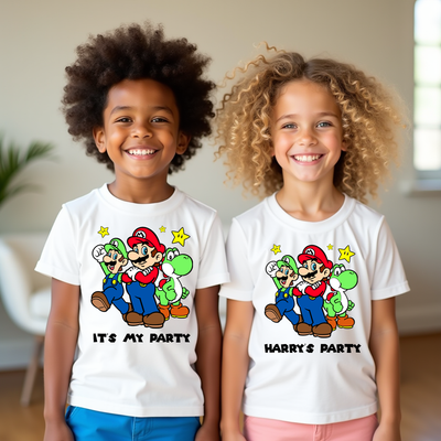 two children wearing matching party super mario shirts