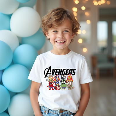 Super Hero Squad Bluey and Avengers Inspired Tshirt for kids – fun superhero crossover design
