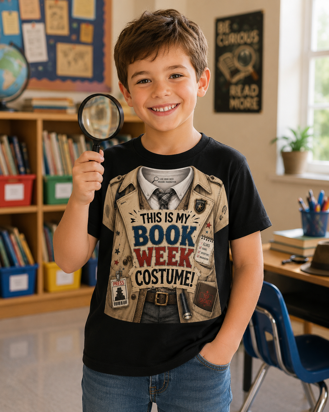 A smiling young boy stands in a classroom holding a magnifying glass, wearing a black graphic T-shirt that reads 'THIS IS MY BOOK WEEK COSTUME!' with a detective costume illustration, and blue jeans.