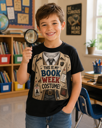 A smiling young boy stands in a classroom holding a magnifying glass, wearing a black graphic T-shirt that reads 'THIS IS MY BOOK WEEK COSTUME!' with a detective costume illustration, and blue jeans.
