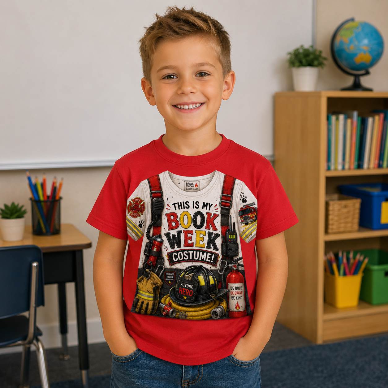 A young boy smiling in a classroom, wearing a red t-shirt with a colorful firefighter-themed 'This is my Book Week Costume!' graphic print.