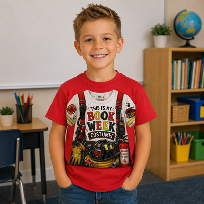 A young boy smiling in a classroom, wearing a red t-shirt with a colorful firefighter-themed 'This is my Book Week Costume!' graphic print.