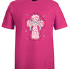 Pink t-shirt with a decorative cross design on a white background