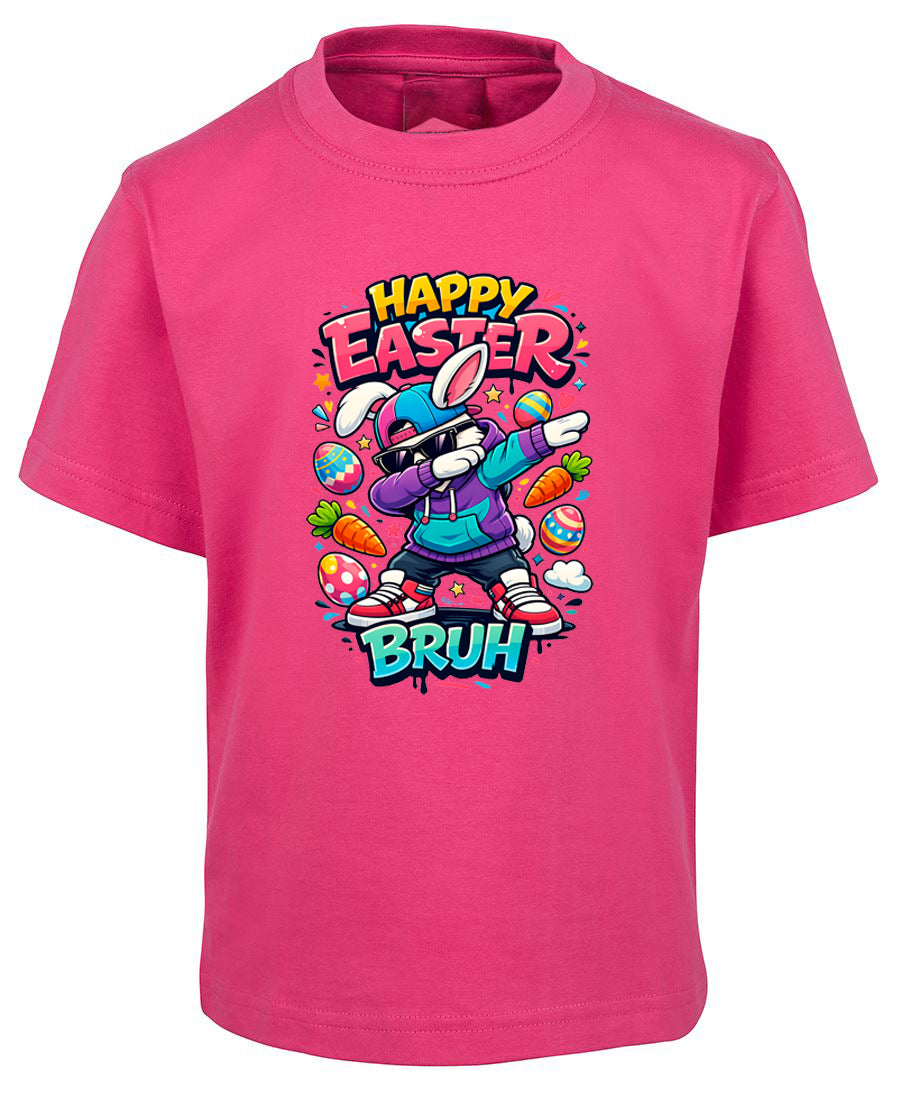 Pink t-shirt with colorful 'Happy Easter Bruh' graphic design on a white background
