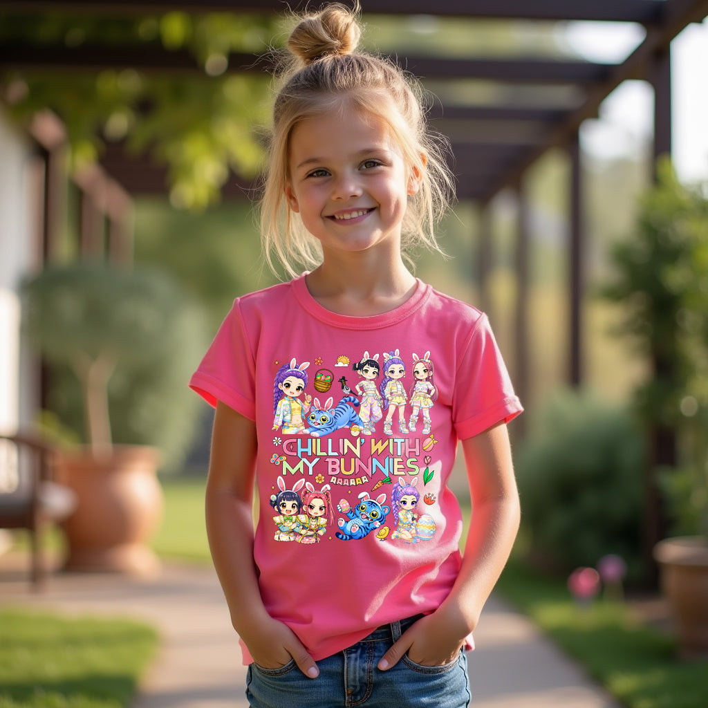 Young girl wearing a pink t-shirt with cartoon characters of kpop and text, standing outdoors.